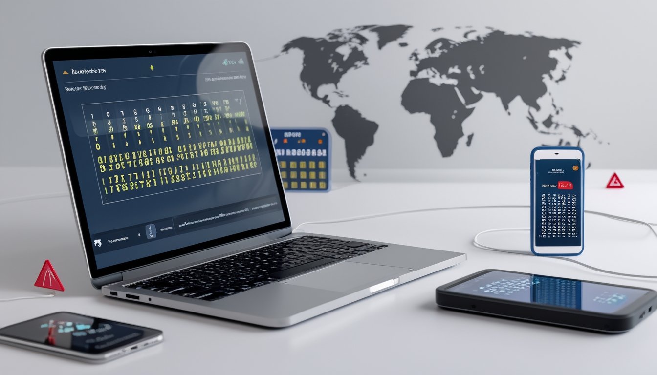 Meja kerja modern dengan laptop dan ponsel yang menampilkan layar terkait togel online, dengan peta dunia dan simbol peringatan di latar belakang.