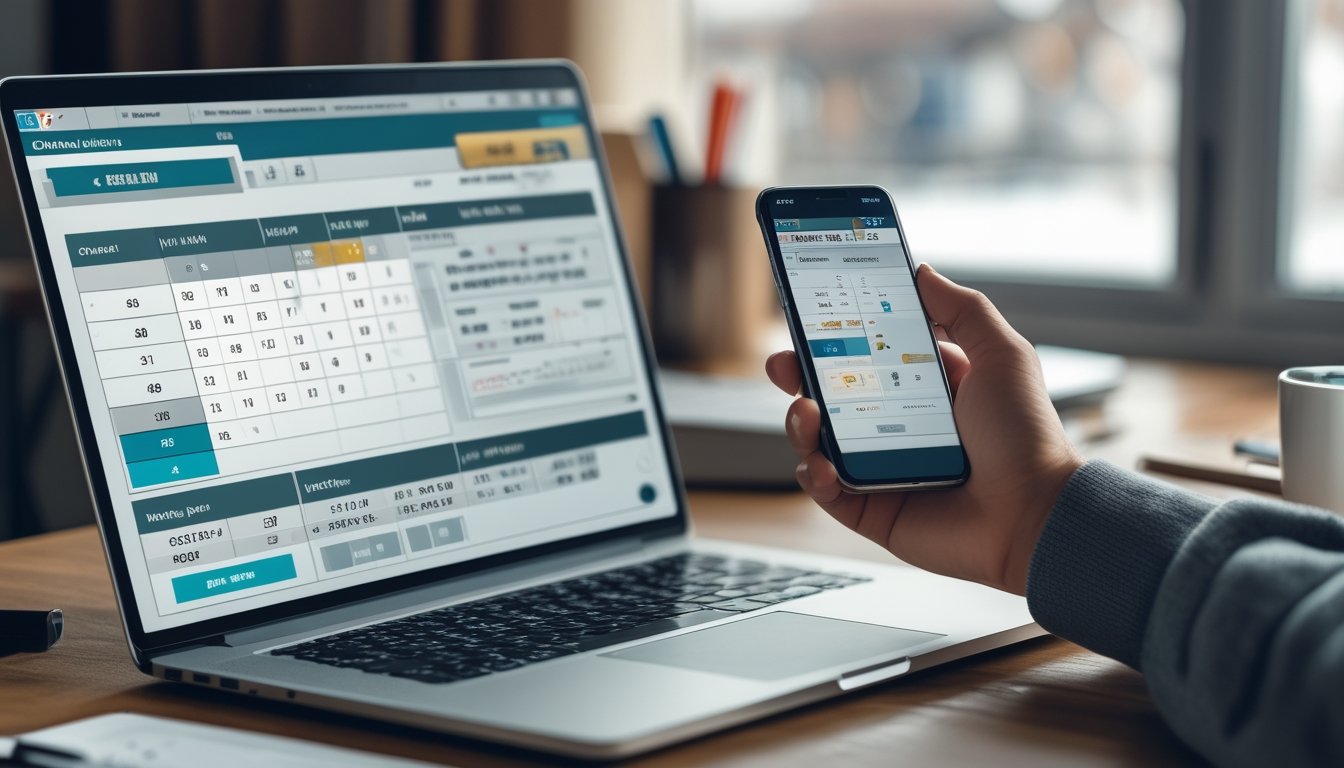 Seseorang menggunakan laptop dan ponsel di meja kerja dengan layar yang menampilkan angka dan grafik, menggambarkan aktivitas togel online.