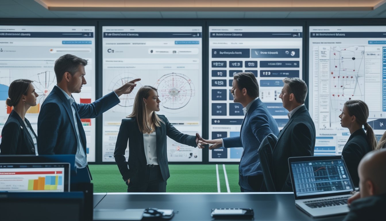 Seorang pelatih sepak bola dan analis sedang memeriksa data performa tim di ruang analisis dengan layar besar sebelum pertandingan.