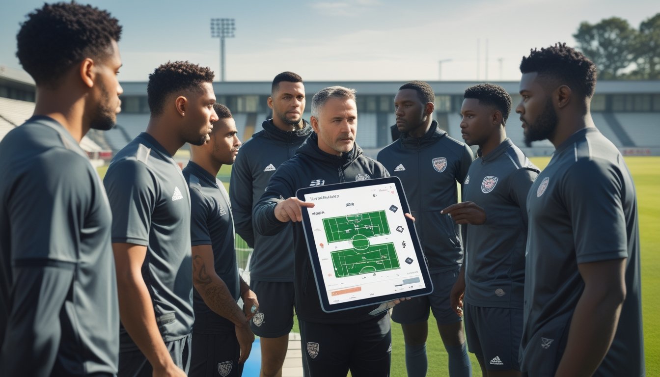 Sekelompok pemain dan pelatih sepak bola sedang berdiskusi strategi di lapangan sebelum pertandingan.