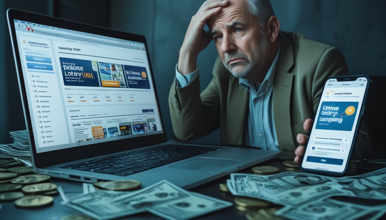 Seorang pria paruh baya terlihat cemas duduk di meja dengan tagihan, kartu kredit, dan laptop yang menampilkan situs judi online, menggambarkan dampak buruk togel online terhadap keuangan pribadi.