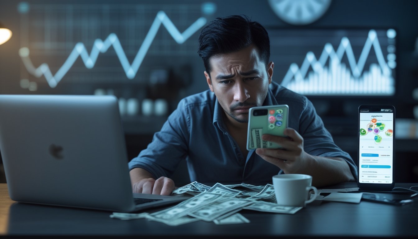 Seorang dewasa duduk di meja dengan ekspresi cemas sambil memegang ponsel yang menampilkan aplikasi togel, disertai tagihan dan kartu kredit, dengan laptop yang menunjukkan grafik keuangan menurun di latar belakang.