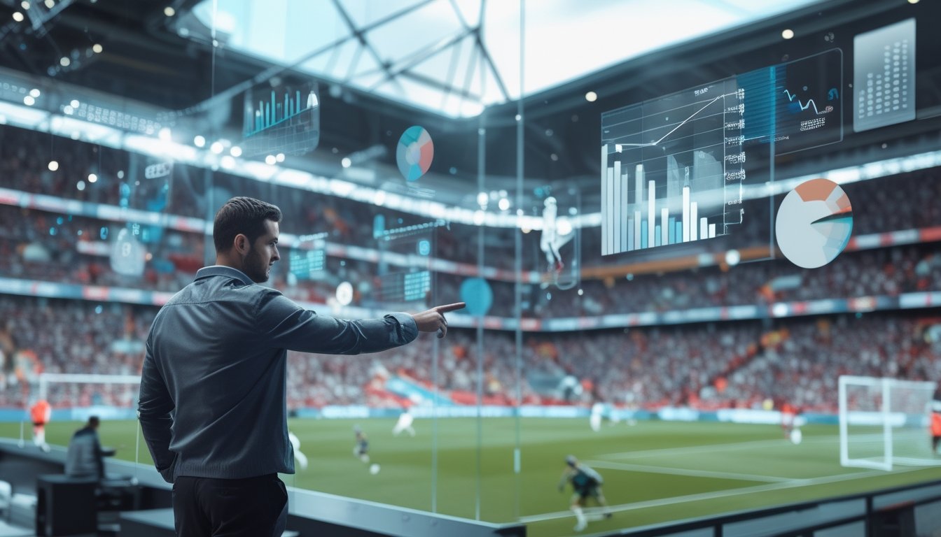 Seorang analis menunjuk data statistik yang ditampilkan di layar transparan dengan latar belakang stadion sepak bola dan pemain yang sedang bermain.