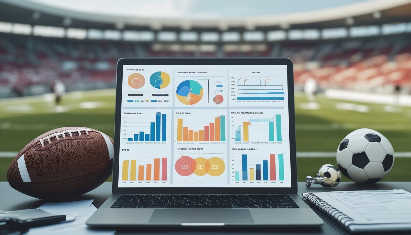 Sebuah tablet digital menampilkan grafik statistik sepak bola dengan latar belakang stadion dan pemain yang sedang bermain.