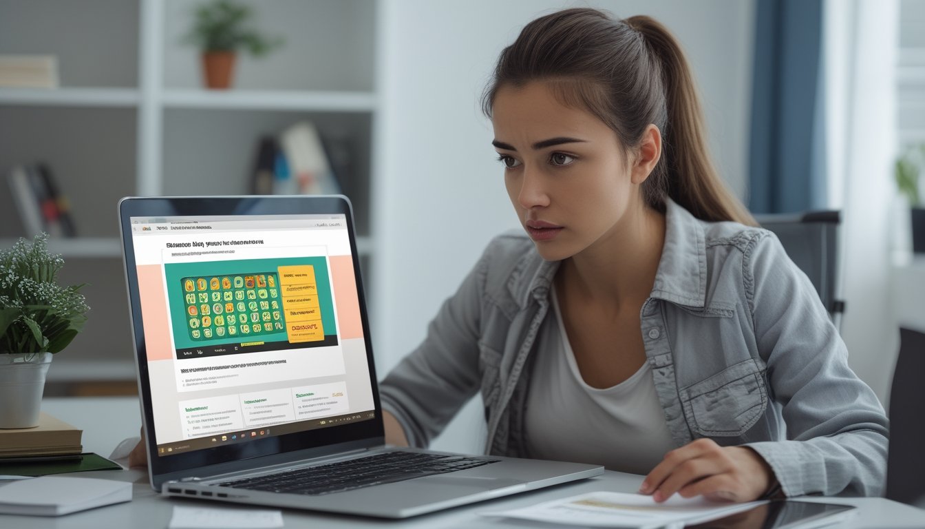 Seorang wanita muda duduk di meja dengan laptop terbuka, tampak fokus dan waspada saat menjelajahi situs togel online yang mencurigakan.