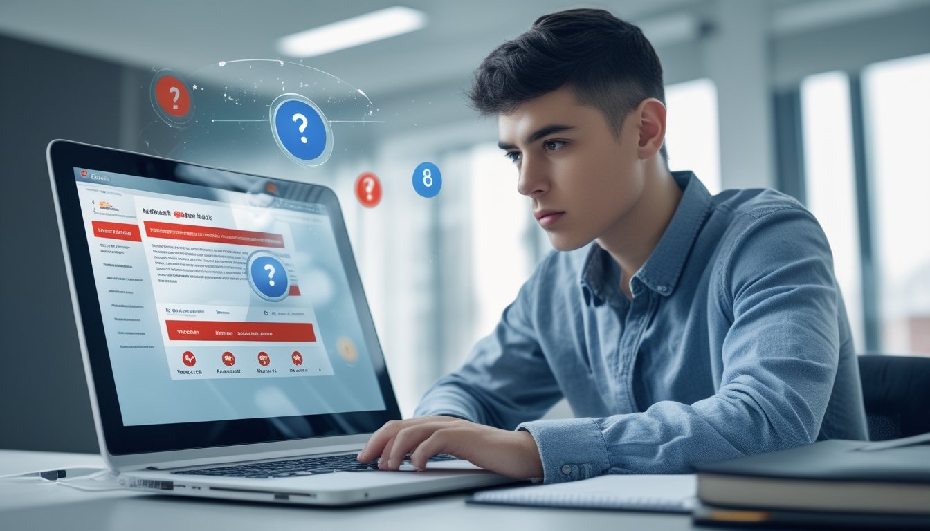 Seorang dewasa muda duduk di meja dengan laptop terbuka, sedang memeriksa situs web yang mencurigakan dengan ekspresi fokus.