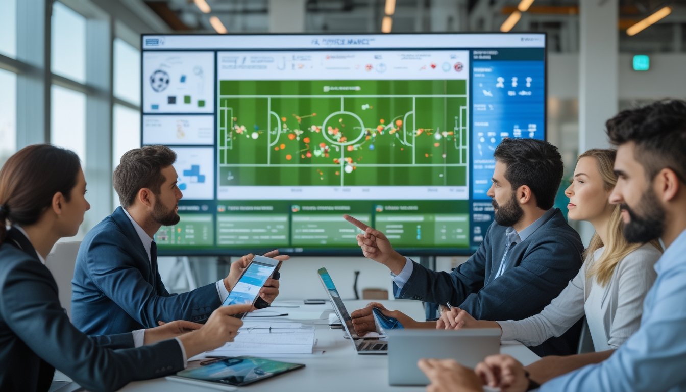 Tim analis olahraga sedang berdiskusi di depan layar besar yang menampilkan data dan statistik pertandingan sepak bola.