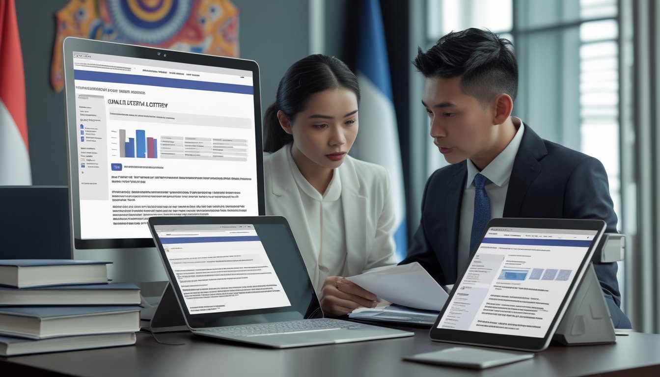 Dua ahli hukum sedang berdiskusi di kantor modern dengan dokumen dan perangkat digital, latar belakang memiliki unsur budaya Indonesia.