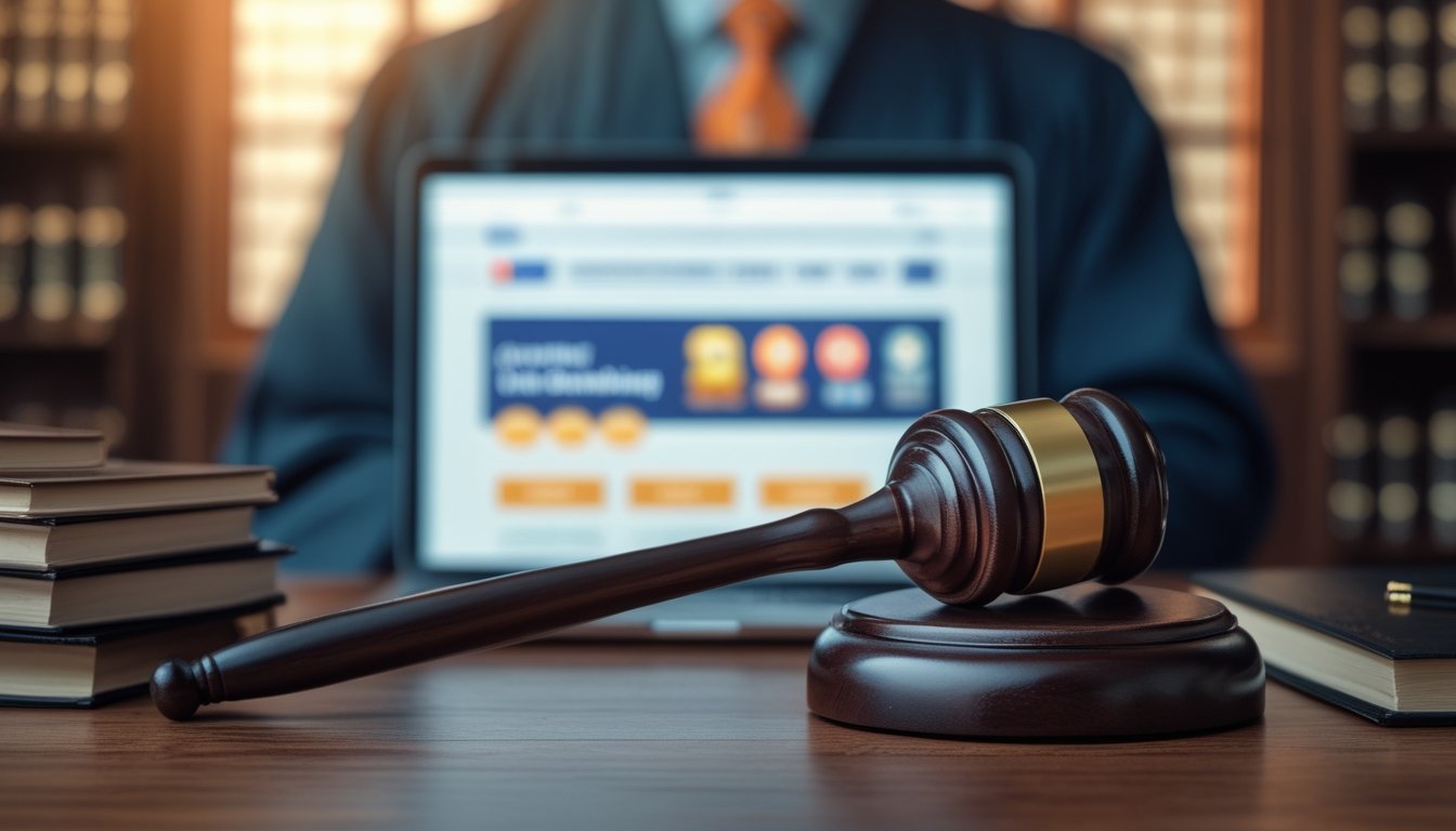 Suasana ruang hukum dengan palu hakim di meja kayu, buku hukum, dan layar laptop yang menampilkan situs togel online yang kabur.