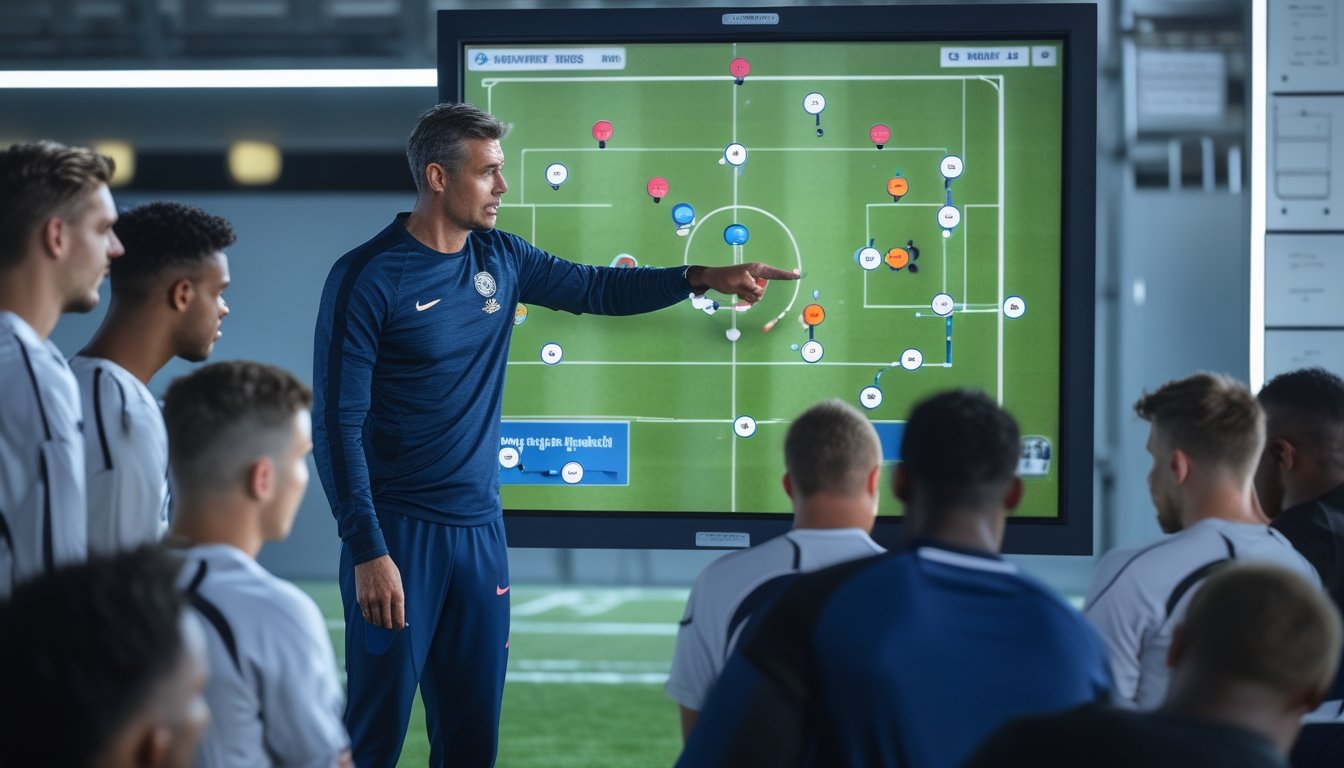 Seorang pelatih sepak bola sedang menjelaskan taktik kepada pemain dan asisten pelatih di ruang pertemuan dengan papan strategi lapangan sepak bola.