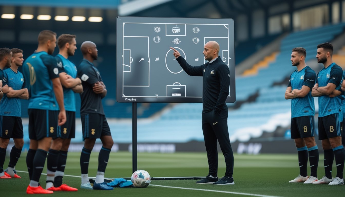 Seorang pelatih sepak bola sedang menjelaskan taktik kepada para pemain di lapangan dengan papan taktik digital di latar belakang.