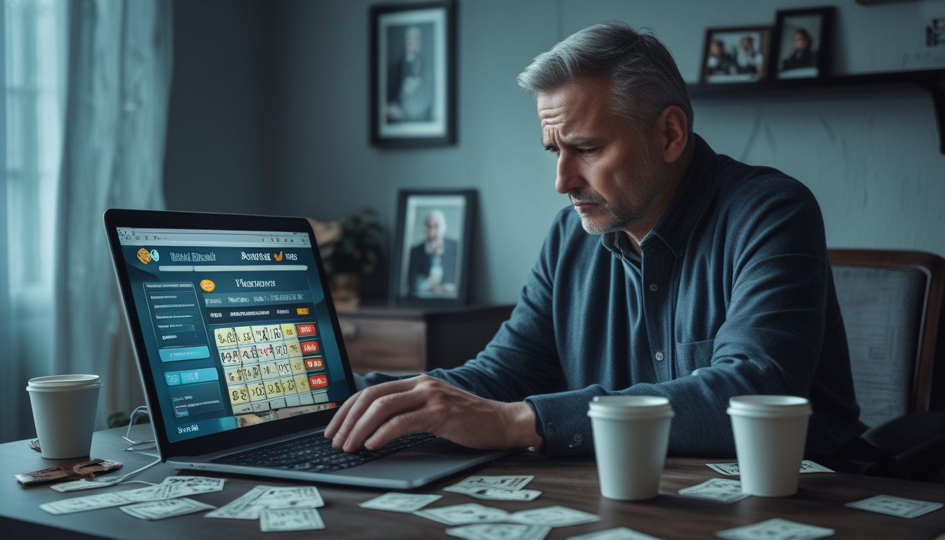 Seorang pria duduk sendirian di ruangan remang-remang dengan ekspresi cemas, dikelilingi tiket togel dan perangkat elektronik yang menayangkan aktivitas judi online.