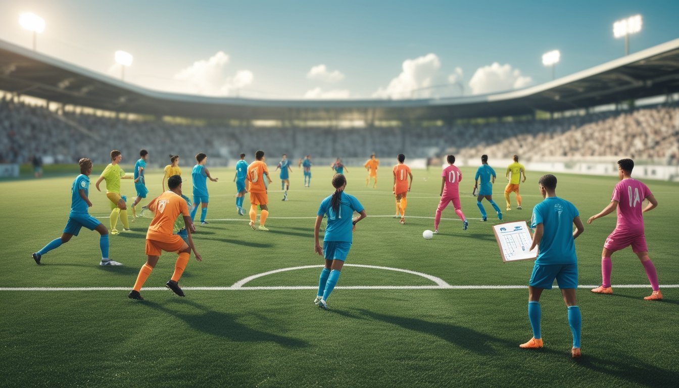 Sejumlah pemain sepak bola dan pelatih berdiskusi di lapangan hijau saat pertandingan berlangsung.