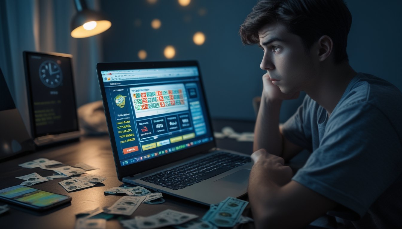 Seorang dewasa muda duduk sendirian di ruangan redup, menatap layar laptop yang menampilkan situs judi togel online dengan ekspresi cemas dan merenung.