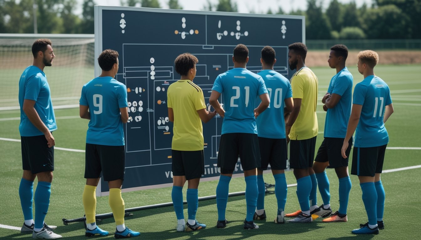 Pelatih sepak bola menjelaskan formasi dan strategi kepada sekelompok pemain di lapangan sepak bola.