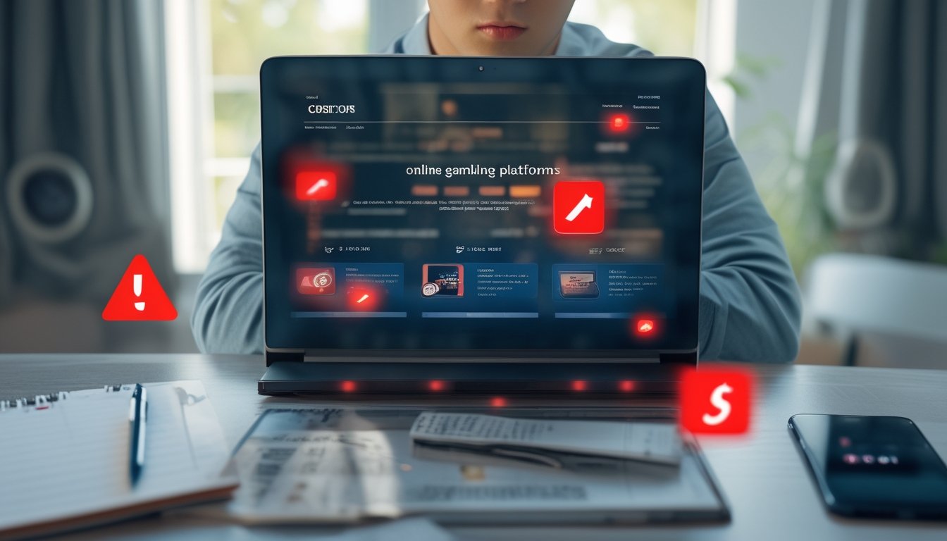 Seseorang duduk di meja dengan laptop yang menampilkan situs judi online yang mencurigakan, terlihat tanda peringatan dan suasana hati waspada.