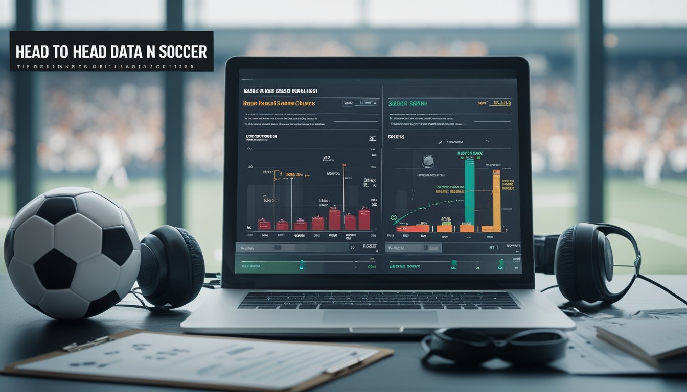 Meja kerja dengan laptop menampilkan data statistik sepak bola, bola sepak, dan papan strategi pelatih dengan latar belakang stadion sepak bola.