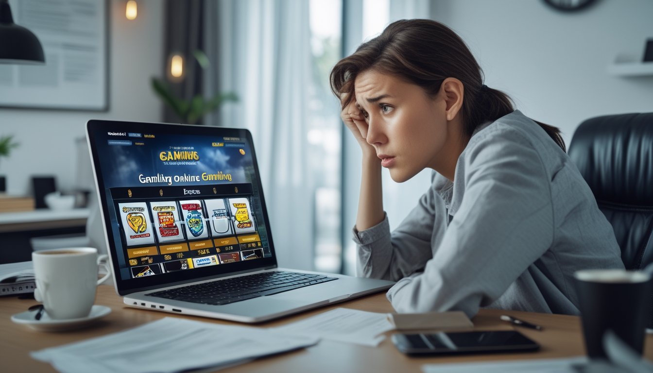 Seseorang duduk di meja dengan laptop yang menampilkan situs judi online, terlihat khawatir dan fokus memeriksa layar.