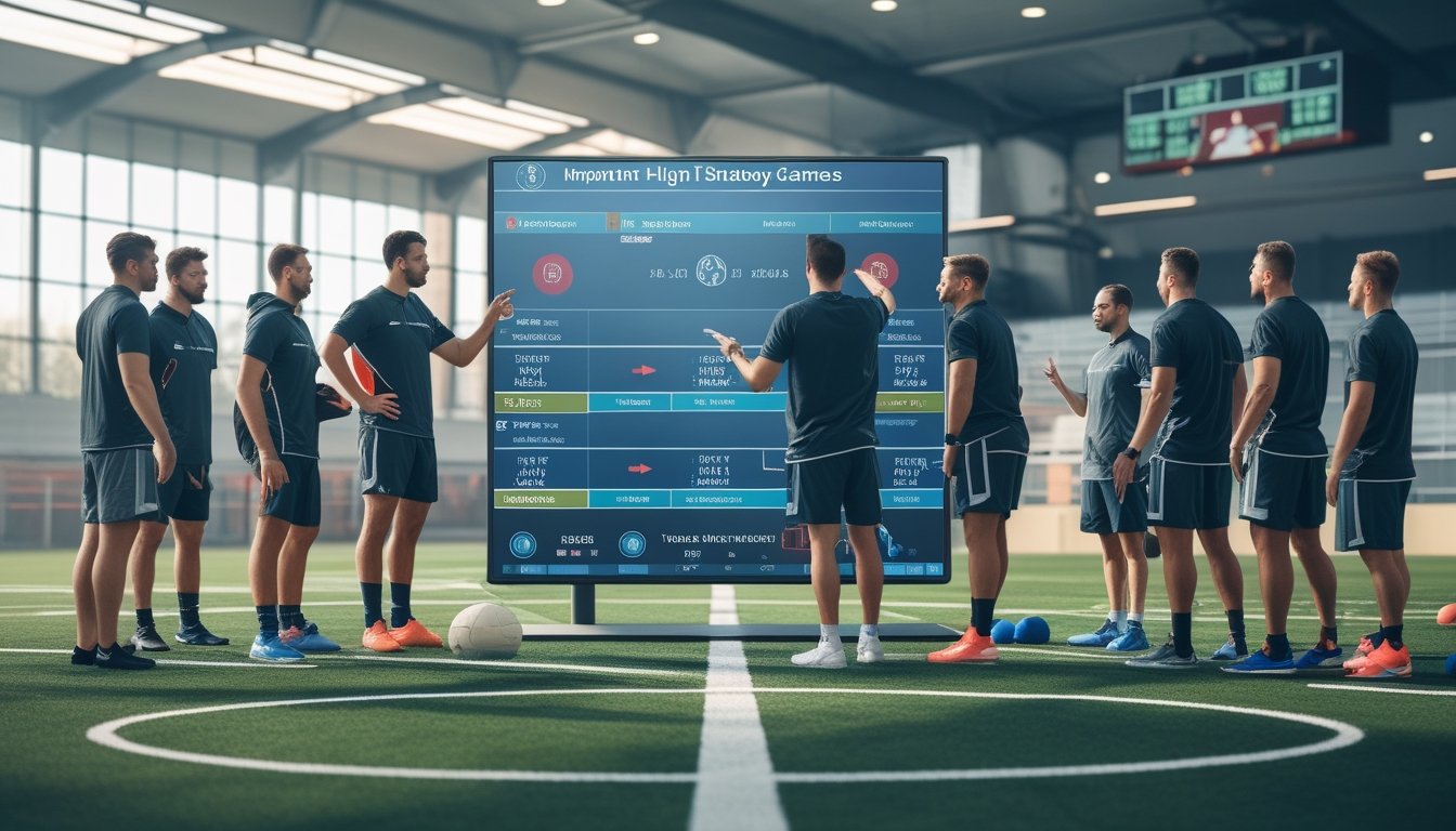 Sekelompok atlet dan pelatih sedang berdiskusi dan melihat papan taktik digital di dalam arena olahraga.