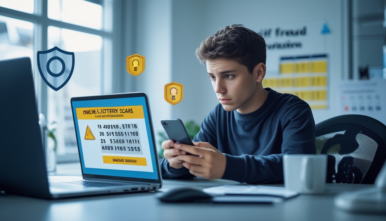 Seorang dewasa muda duduk di meja dengan laptop dan ponsel, tampak waspada saat memeriksa situs togel online yang mencurigakan, dengan simbol keamanan di sekitar meja.