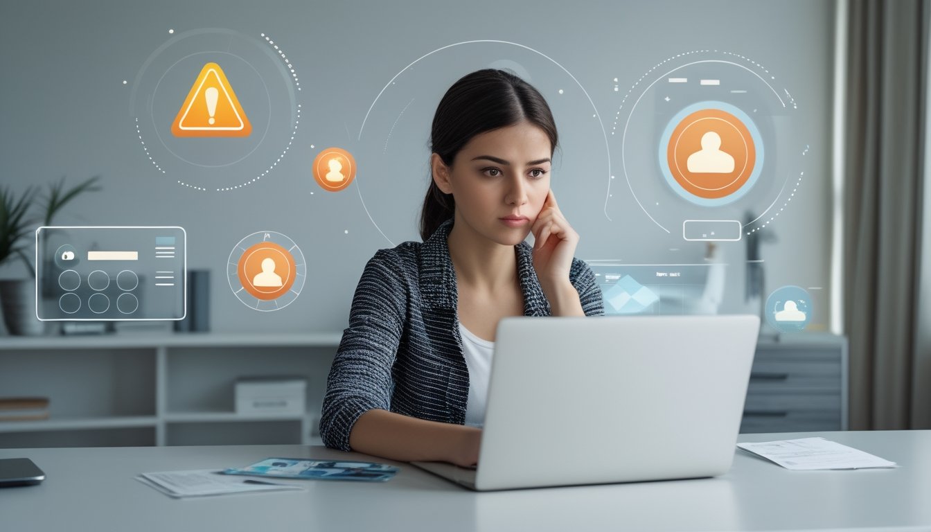 Seorang wanita muda duduk di meja dengan laptop, terlihat serius dan fokus, dikelilingi oleh simbol keamanan dan peringatan yang menggambarkan perlindungan dari penipuan togel online.