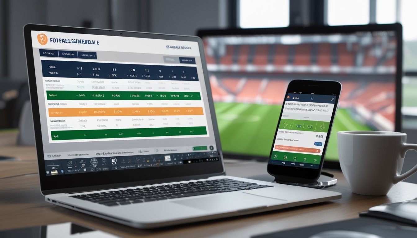 Meja kerja dengan laptop dan ponsel yang menampilkan jadwal dan hasil pertandingan sepak bola terbaru.