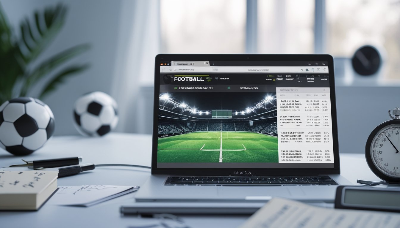 Meja kerja dengan laptop yang menampilkan situs sepak bola, bola sepak, stopwatch digital, dan catatan di notepad.