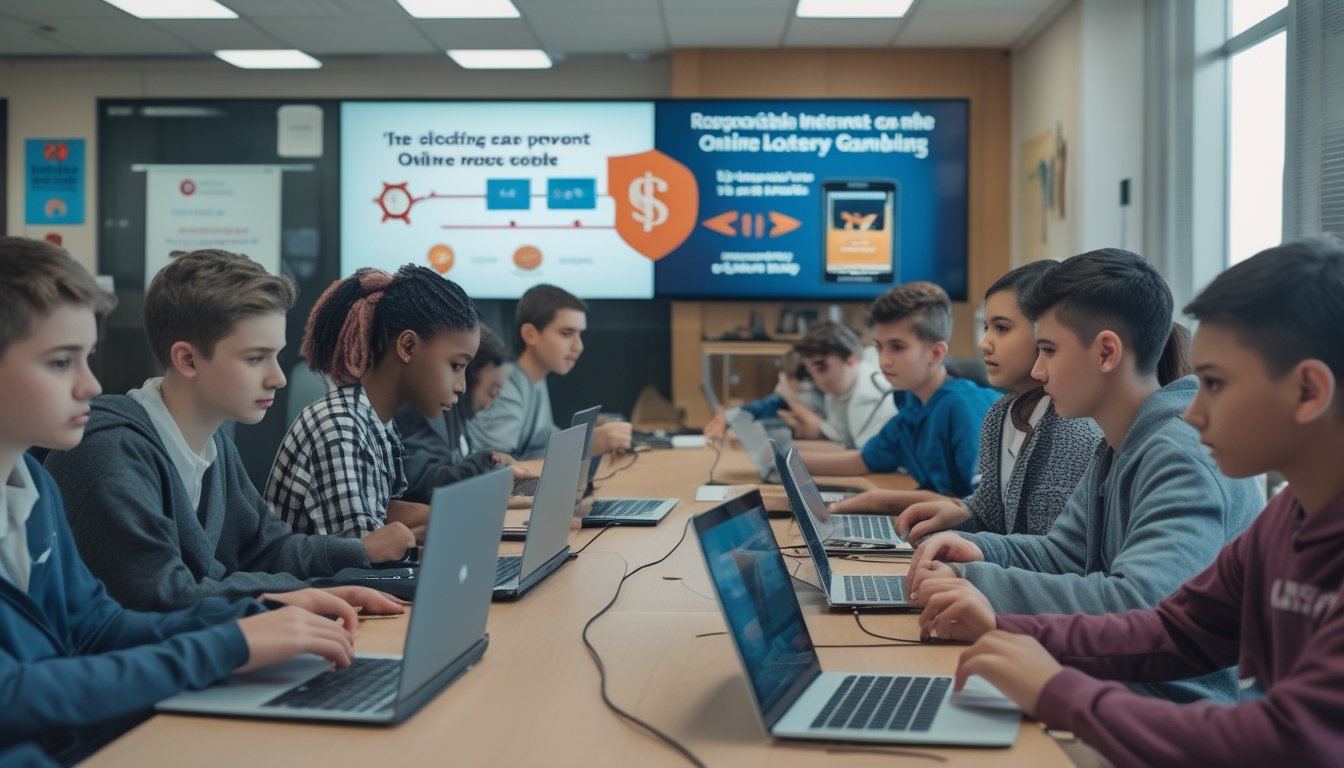 Sekelompok remaja dan dewasa muda sedang mengikuti sesi pembelajaran digital di ruang kelas modern dengan perangkat elektronik, fokus pada edukasi tentang penggunaan internet yang aman dan pencegahan judi togel online.