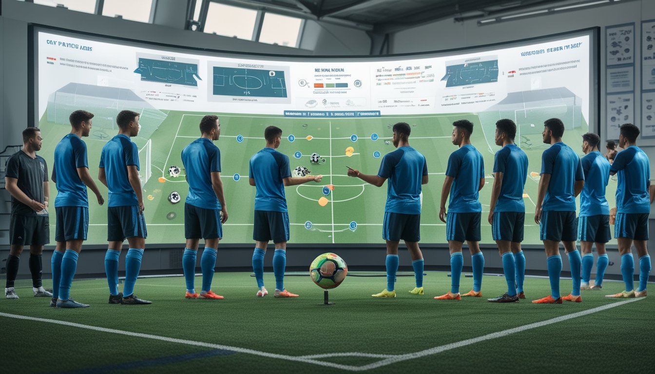Sekelompok pemain sepak bola dan pelatih sedang berdiskusi di ruang pelatihan dengan papan taktik digital yang menampilkan formasi dan strategi tim.