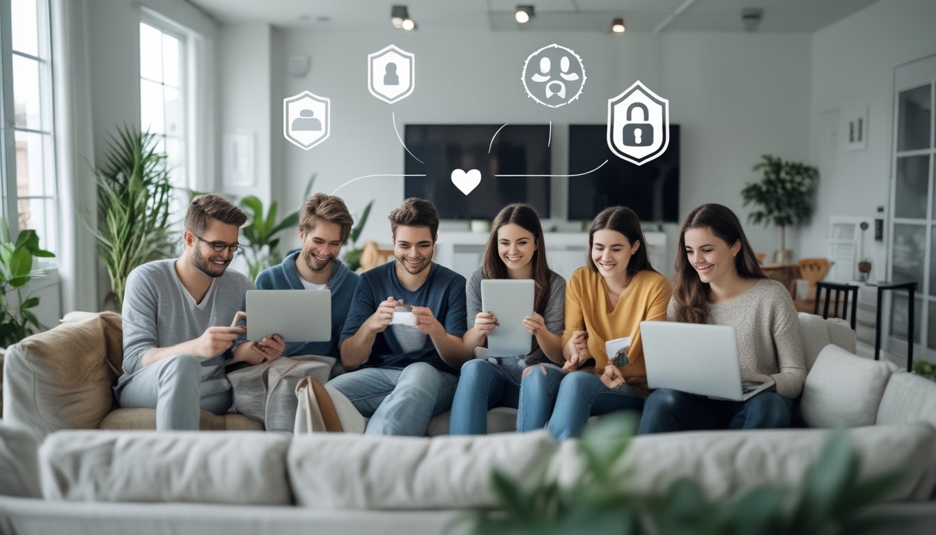 Sekelompok orang muda menggunakan perangkat digital di ruang tamu yang nyaman, menikmati hiburan online yang aman dan menyenangkan.