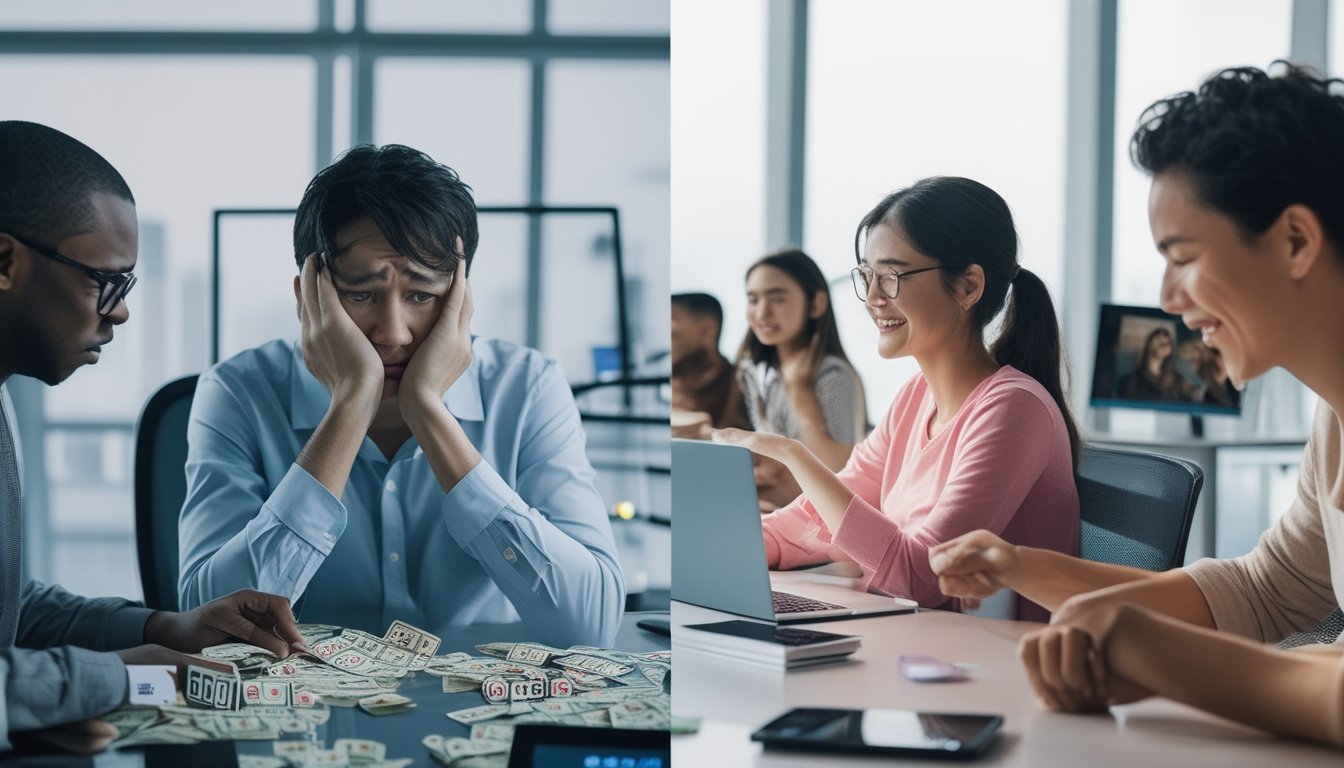 Seseorang terlihat stres di meja dengan barang-barang judi online, sementara di sisi lain orang lain terlihat bahagia menggunakan perangkat digital untuk hiburan online yang aman.