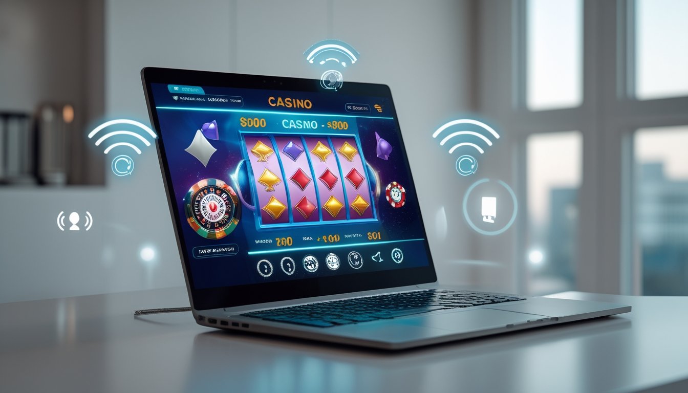 Seorang pengguna sedang melihat layar laptop yang menampilkan permainan kasino online dengan simbol slot, kartu poker, dan chip digital di sebuah ruang kerja yang terang dan rapi.