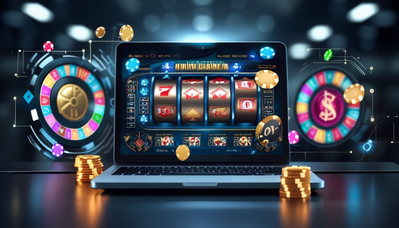 Laptop di atas meja menampilkan permainan kasino online dengan simbol slot, chip poker, dan kartu, disertai ikon digital yang mewakili permainan kasino di internet.