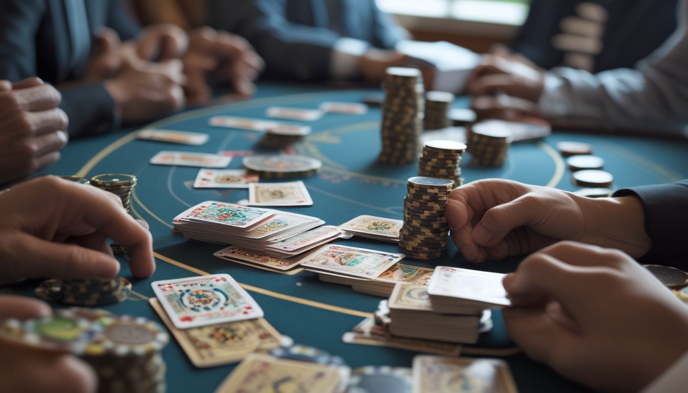 Meja poker dengan kartu Capsa dan tumpukan chip, beberapa tangan pemain sedang memegang kartu, suasana permainan yang fokus dan serius.