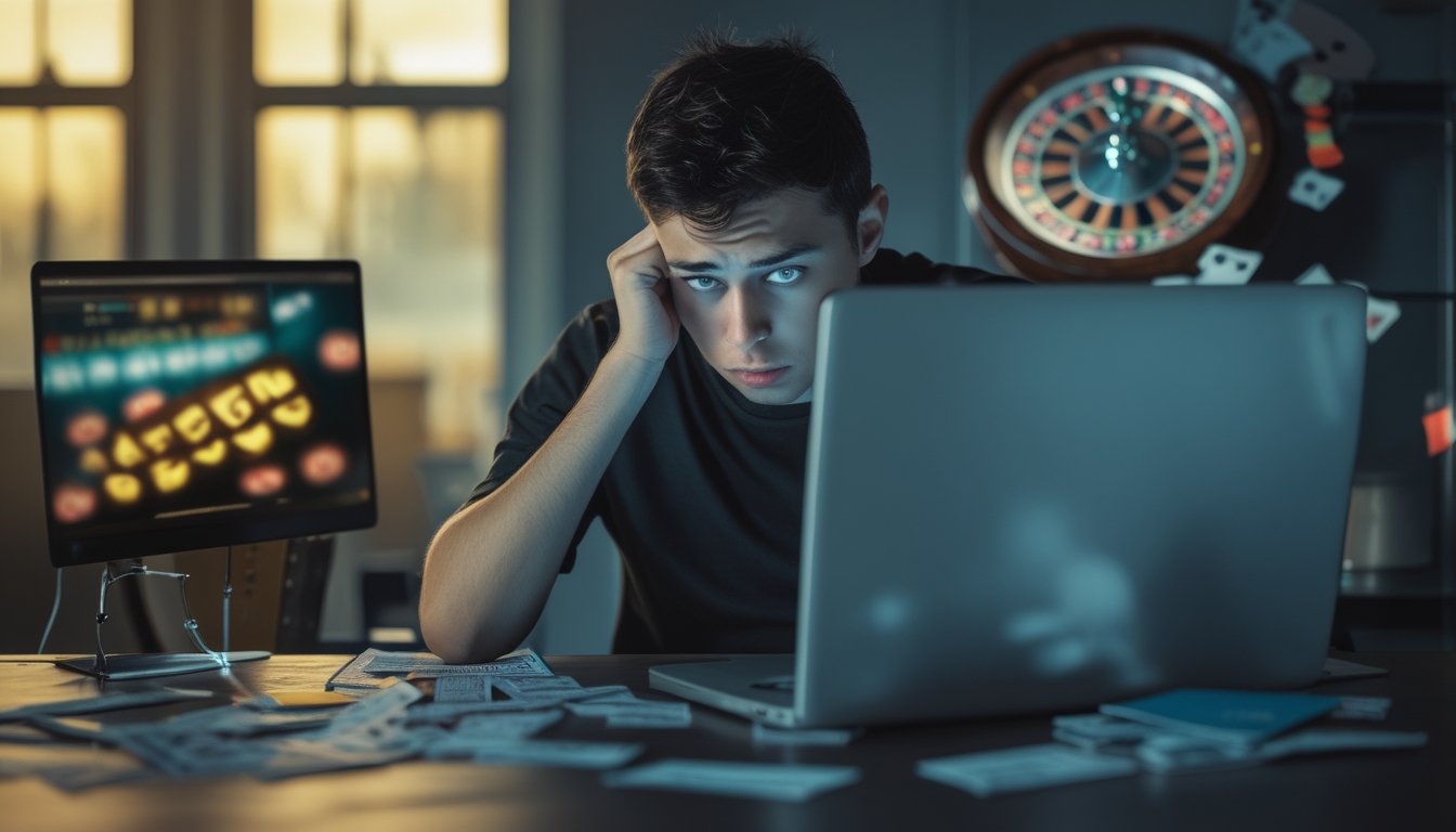 Seorang dewasa muda duduk di meja dengan ekspresi cemas, disertai kartu kredit dan tagihan, membuka layar laptop yang menampilkan permainan kasino online.