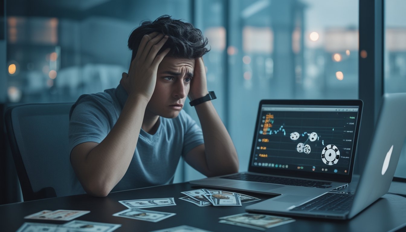 Seorang dewasa muda terlihat stres duduk di meja dengan ponsel yang menampilkan aplikasi kasino, dikelilingi oleh kartu kredit dan tagihan, menunjukkan tekanan finansial dan mental akibat permainan kasino online.
