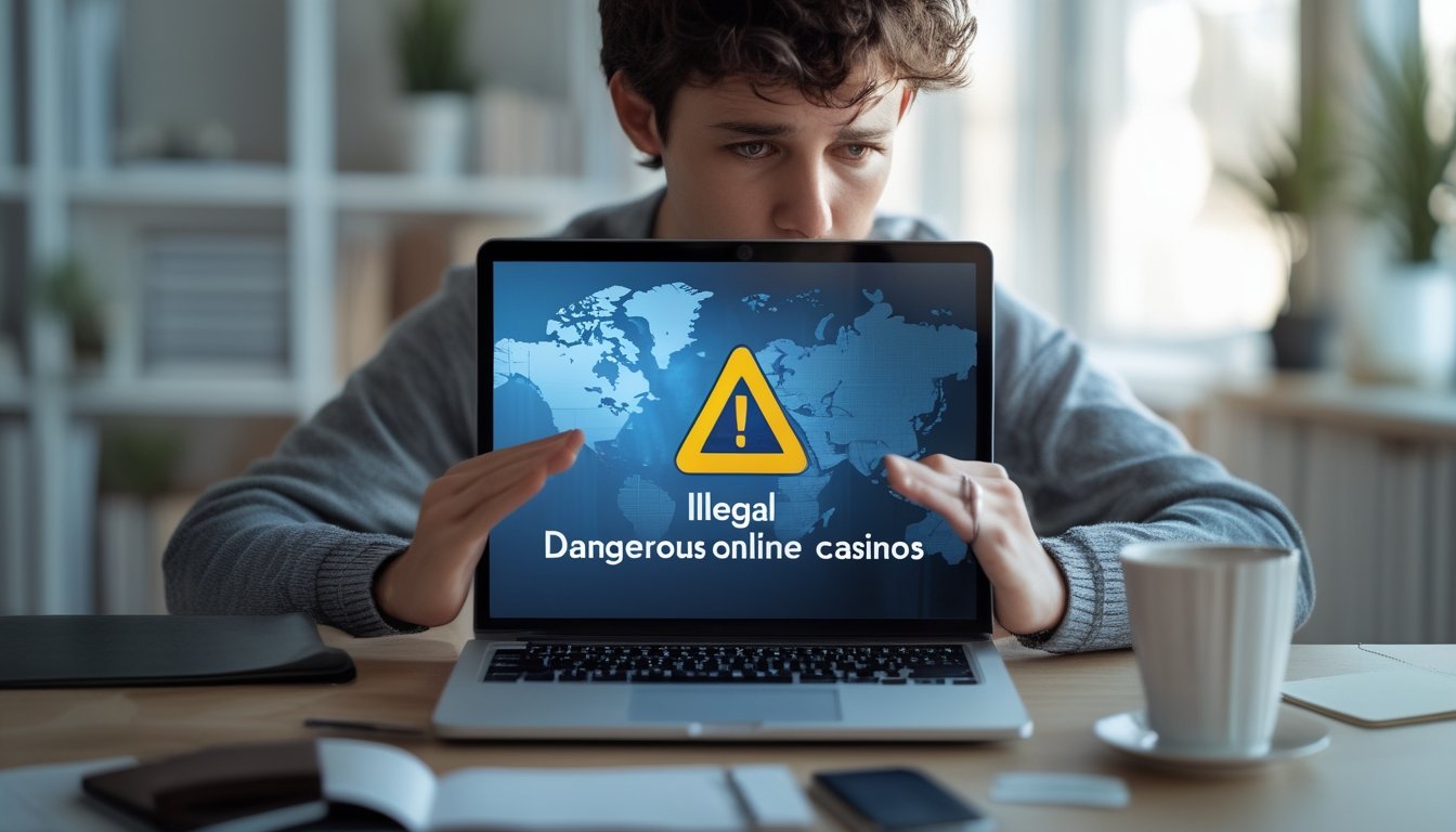 Seseorang duduk di meja dengan laptop yang menampilkan simbol peringatan, menunjukkan bahaya situs kasino online ilegal.