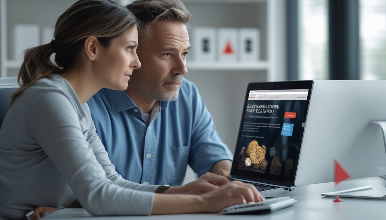 Seorang pria dan wanita duduk di depan laptop dengan ekspresi waspada, memperhatikan situs kasino online yang mencurigakan di ruang kerja modern.