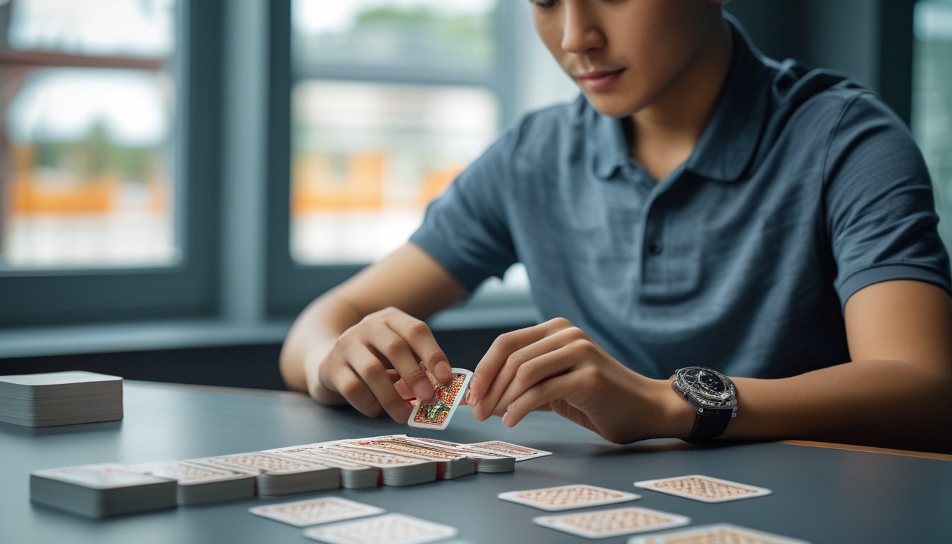 Seorang pemula sedang fokus mempelajari strategi dasar bermain Capsa Susun di meja dengan kartu yang tertata rapi.