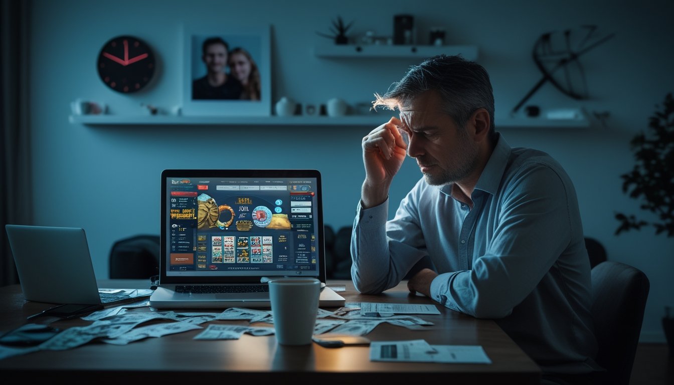 Seorang pria duduk sendirian di meja ruang tamu dengan ekspresi lelah dan stres, ditemani laptop yang menampilkan situs judi online, tagihan berserakan, dan foto keluarga di latar belakang.