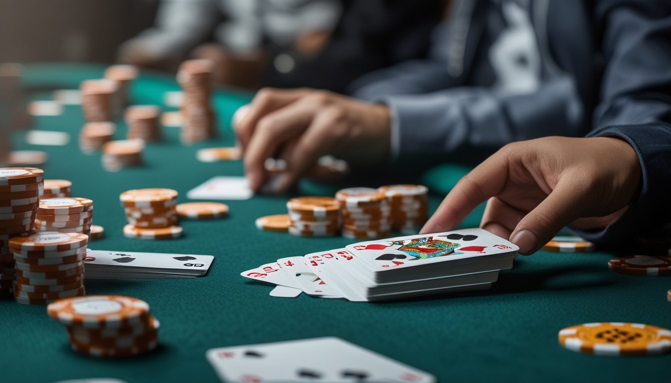 Tangan memegang beberapa kartu bermain yang tersusun rapi di atas meja poker dengan tumpukan chip di latar belakang.