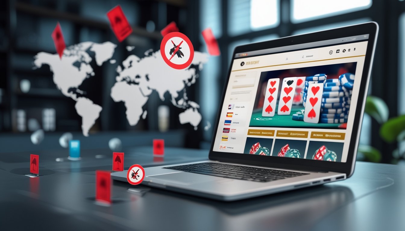Laptop dengan situs kasino online di layar, dikelilingi oleh bendera beberapa negara dengan tanda larangan merah.