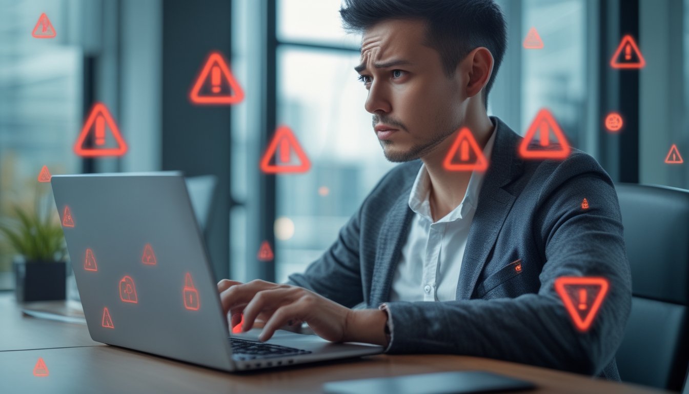 Seseorang yang terlihat khawatir duduk di depan laptop yang menampilkan situs kasino online mencurigakan dengan simbol peringatan di sekitarnya.