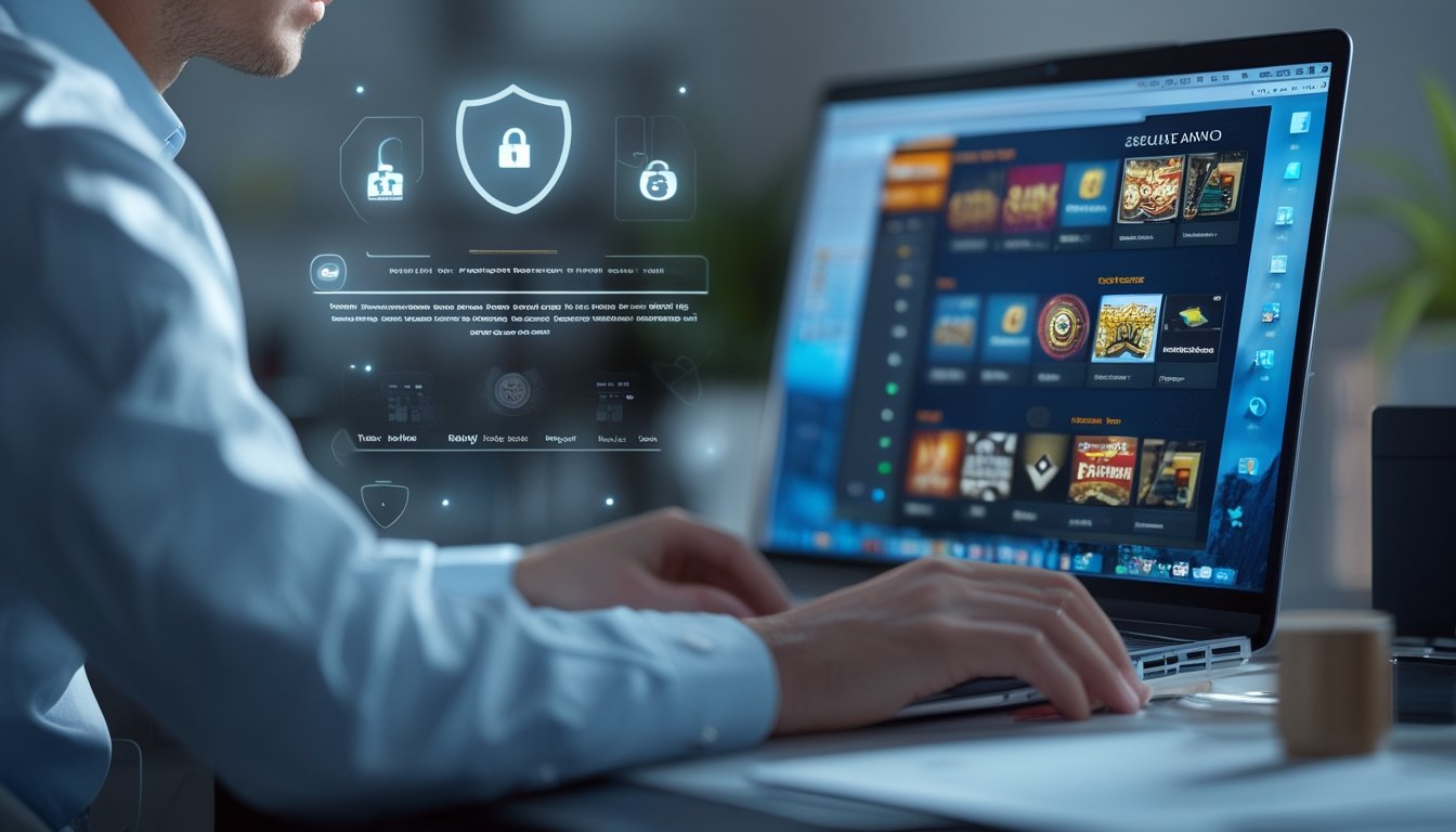 Seseorang duduk di depan laptop di ruang kerja rumah, menggunakan aplikasi keamanan untuk melindungi data pribadi saat mengakses situs kasino online.