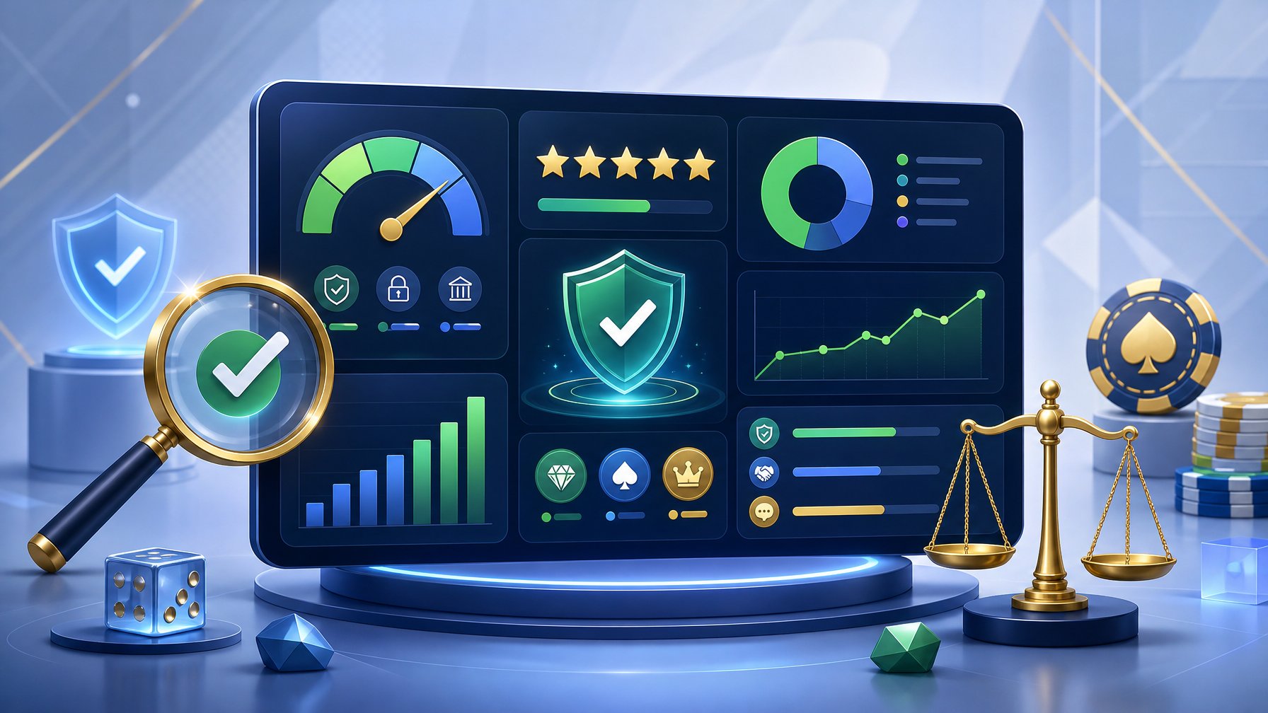 A Digital Dashboard Showing Data Visualizations And Symbols Representing Trust And Evaluation For An Online Casino Review.