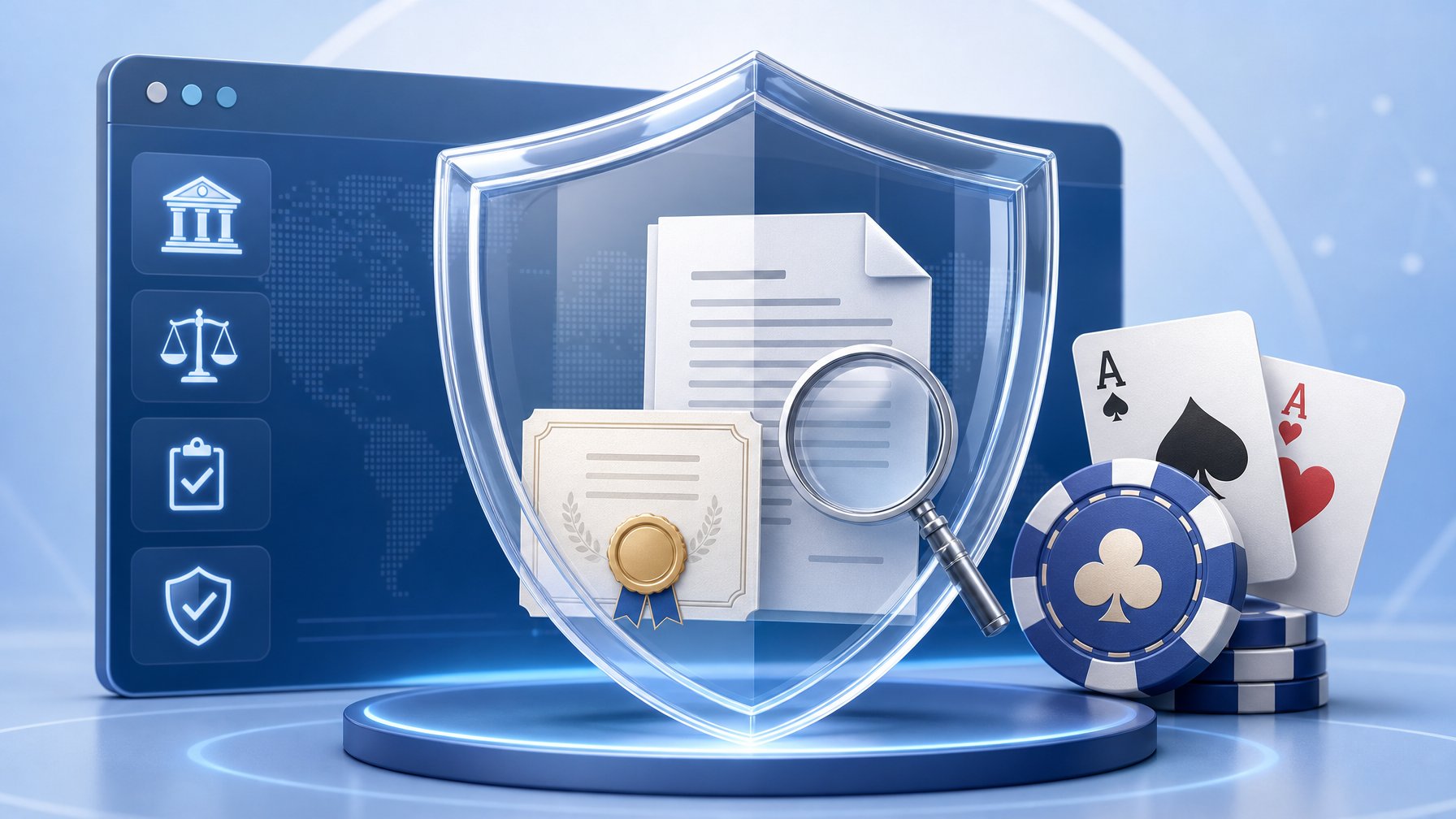 A Digital Interface Showing A Transparent Shield With Legal Documents And Casino Elements Like Chips And Cards, Symbolizing Trust And Verification.