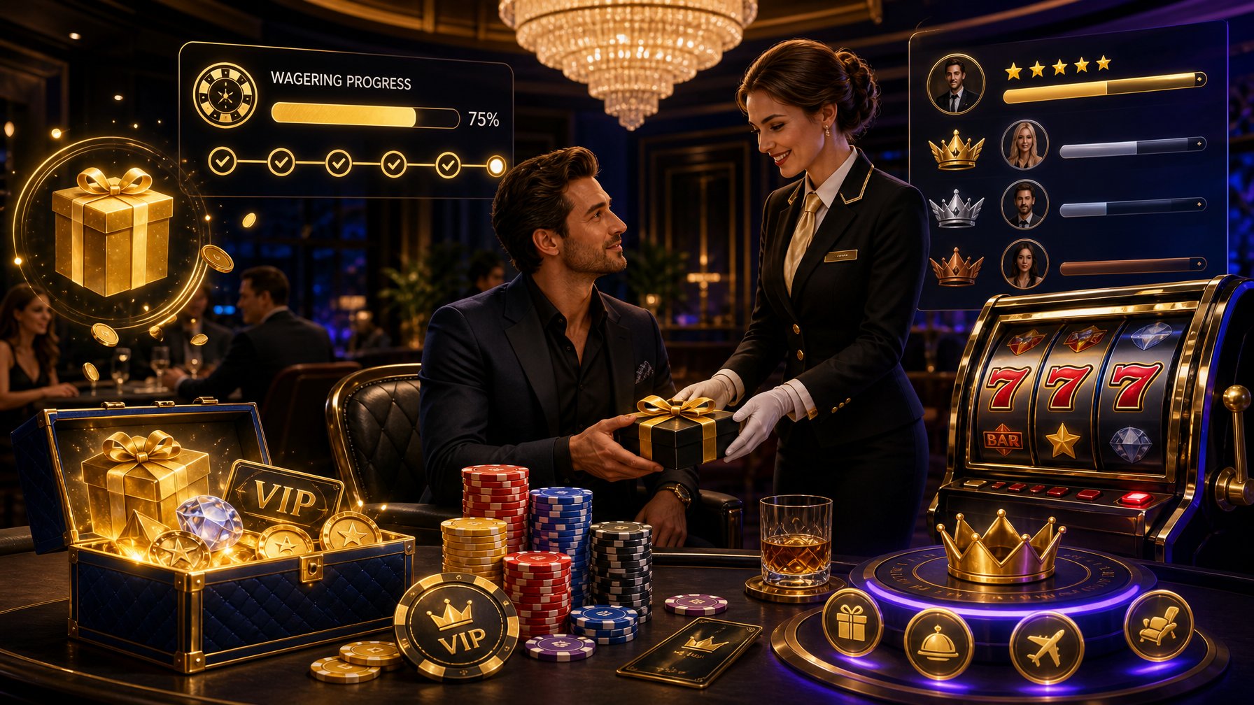 A Casino Scene Showing Poker Chips, A Slot Machine, And A Vip Player Receiving Rewards From A Host.