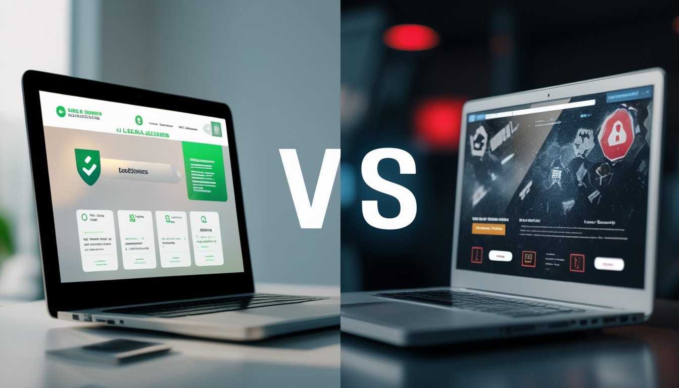 Dua laptop di sampingnya menunjukkan perbedaan antara kasino online legal dengan tampilan yang aman dan kasino online ilegal dengan tampilan yang mencurigakan.