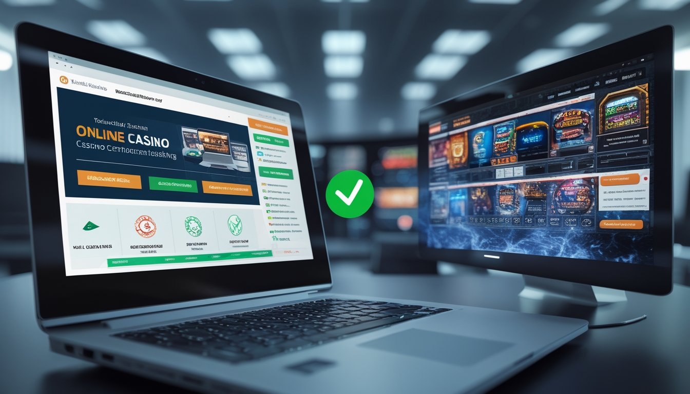 Sebuah suasana digital yang menunjukkan perbedaan antara kasino online resmi dengan antarmuka yang jelas dan aman di satu sisi, dan kasino online ilegal yang tampak mencurigakan di sisi lain.