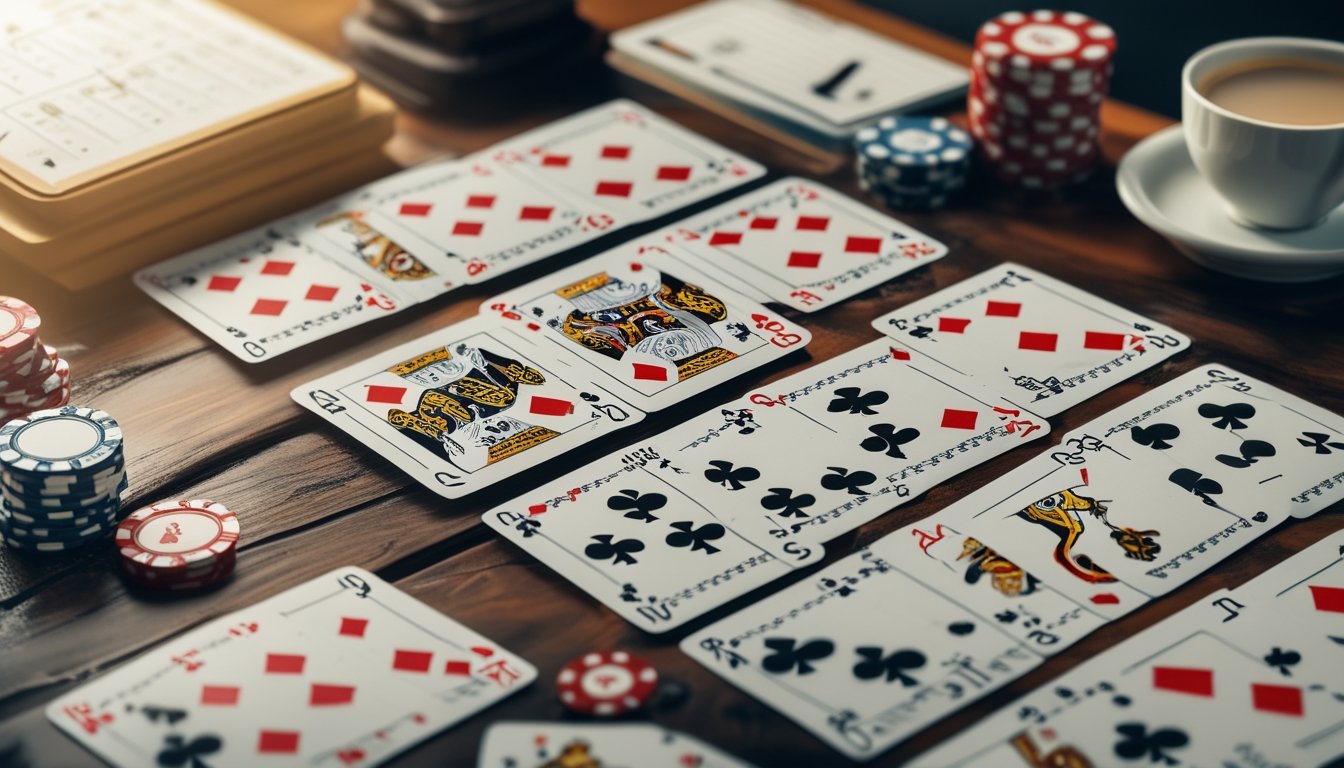 Set kartu Capsa tersusun rapi di atas meja kayu dengan beberapa chip poker dan alat permainan di sekitarnya.